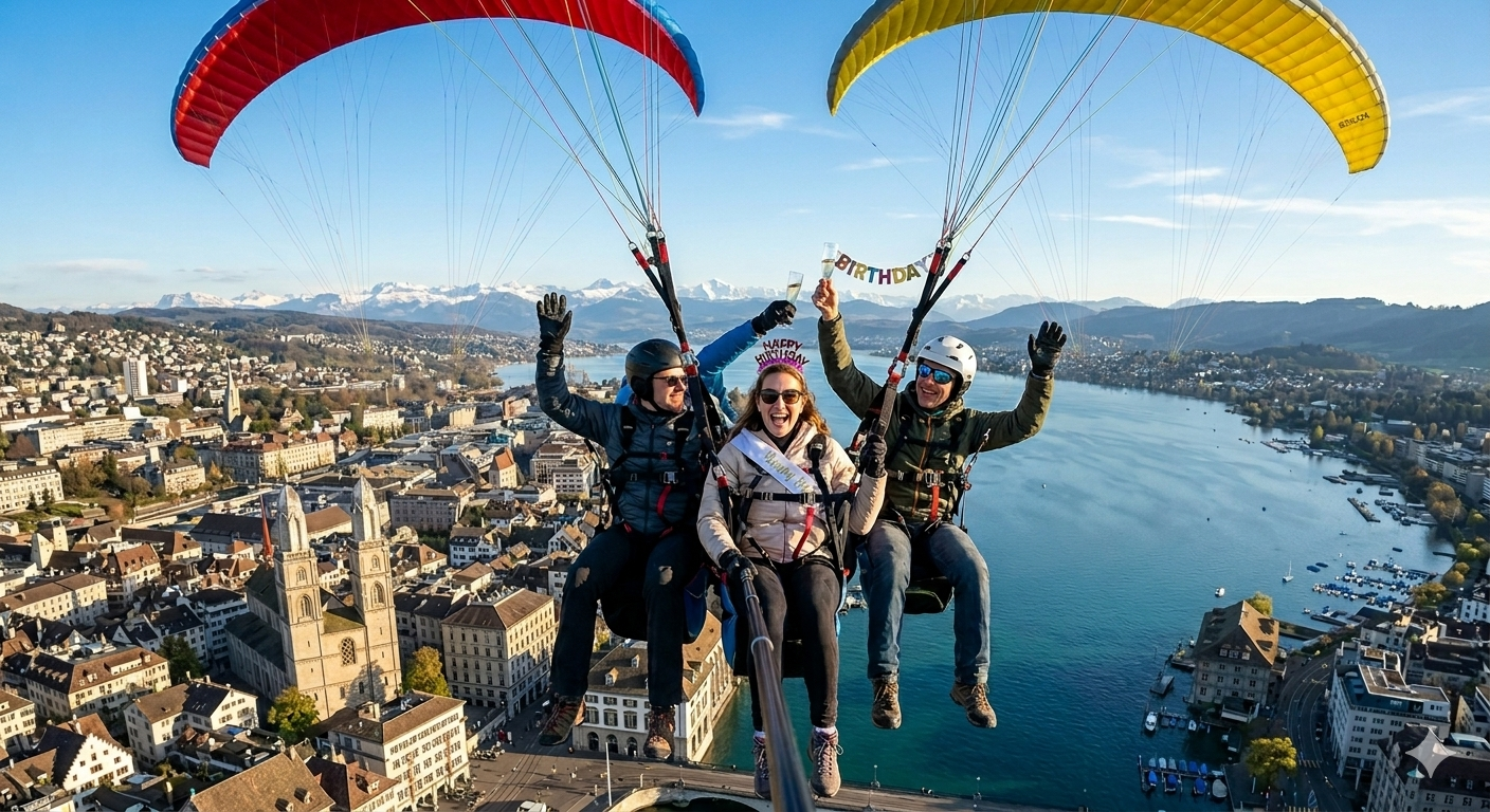 Tree persons celebrating the birthday in the air