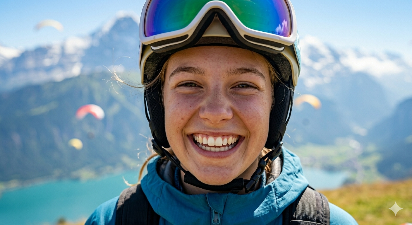 A young woman smiling with flight equipment
