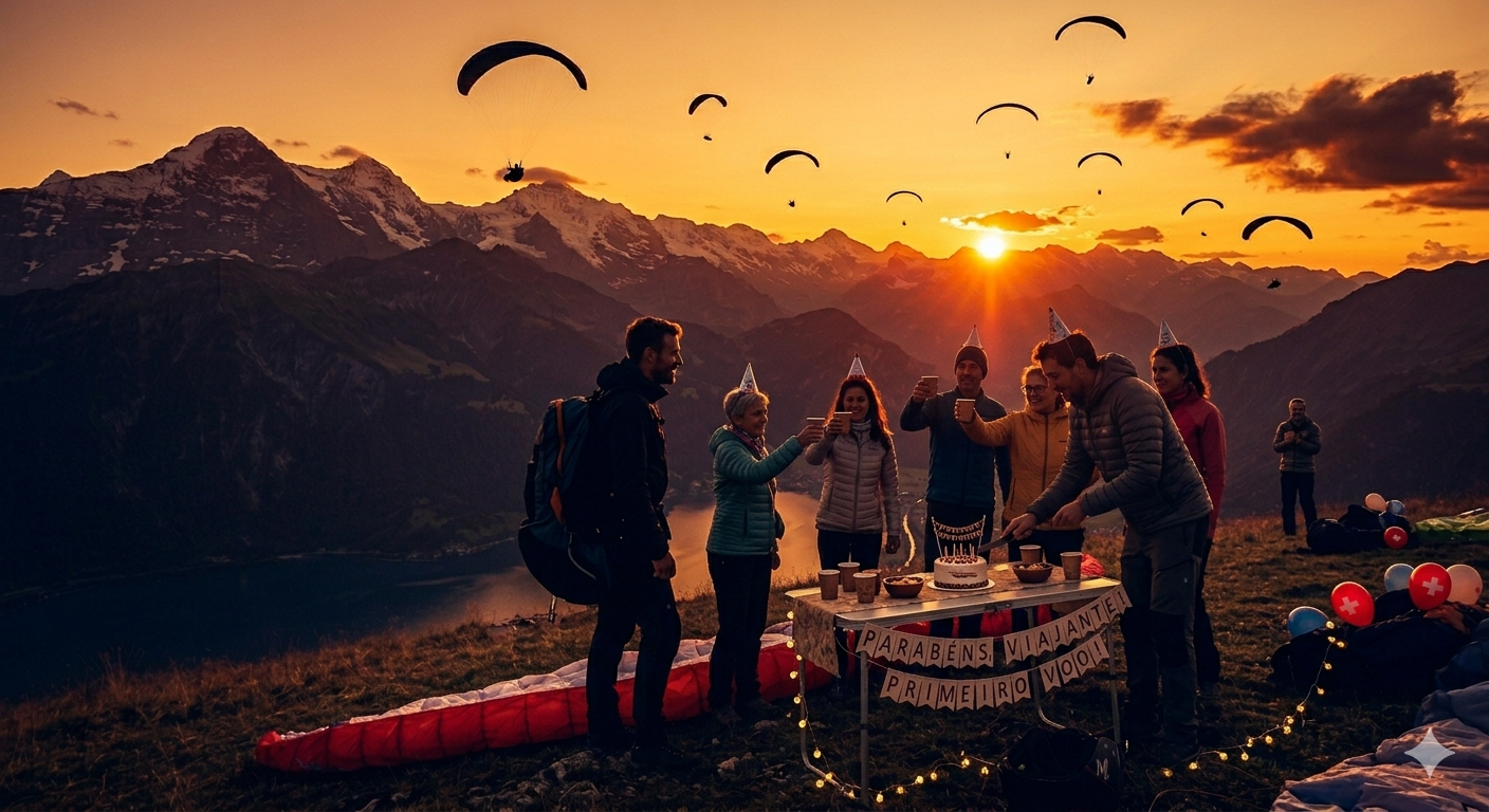 Friends celebrating at sunset in flight gear