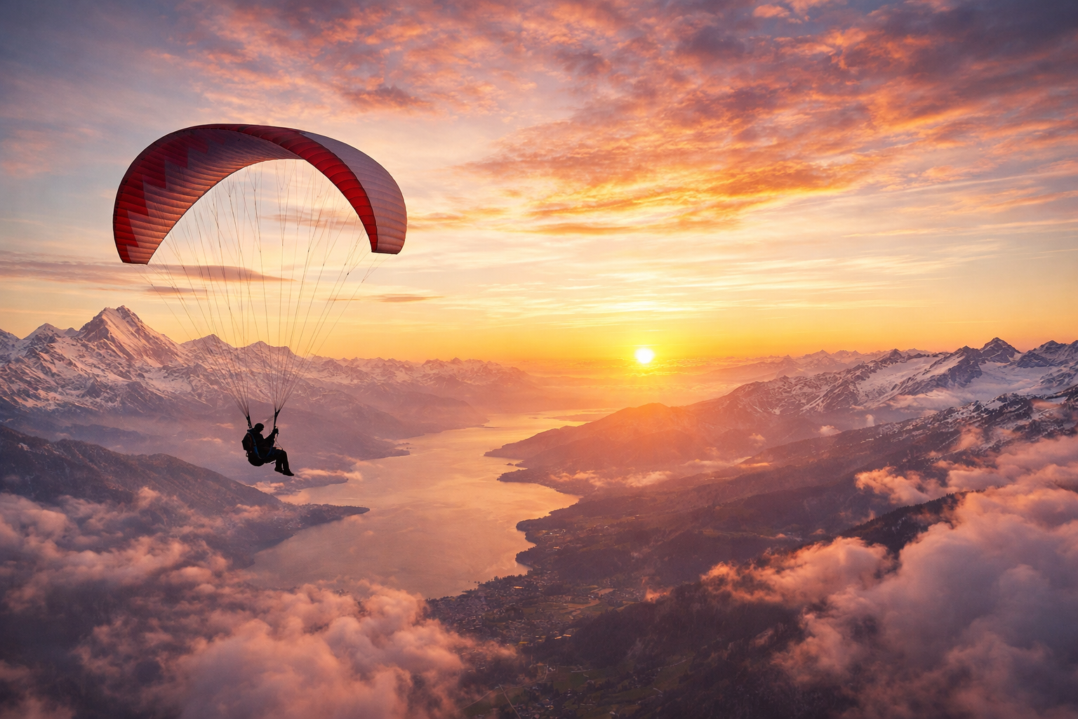 A flight over mountains and sunset views